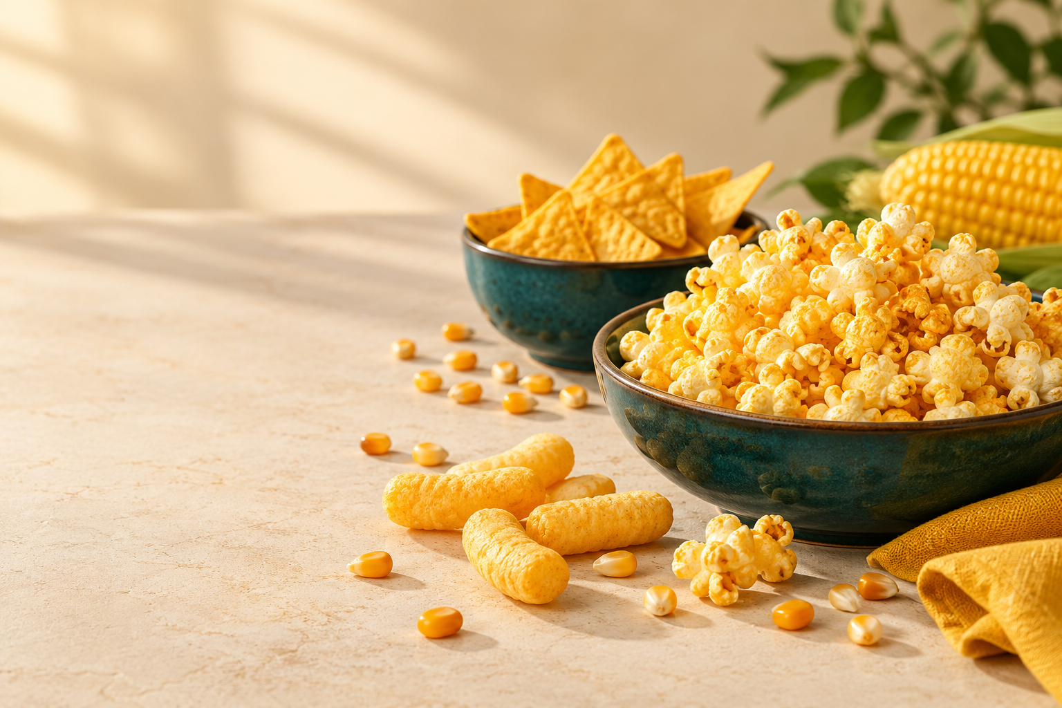 Illustrative photograph of popcorn, triangular corn chips, and corn puffs